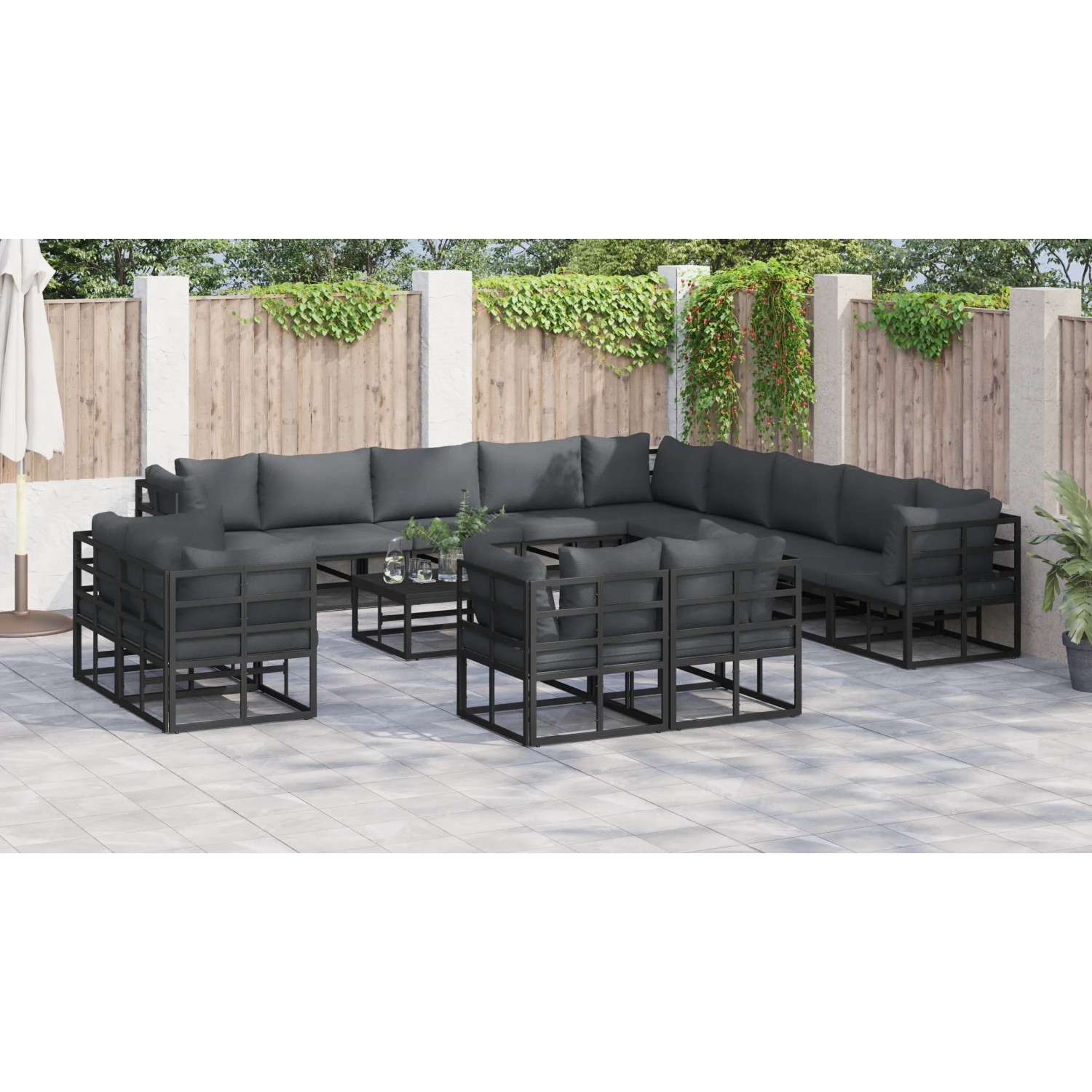 vidaXL Garten-Sofa-Set, 13-teilig, schwarz, Aluminium, mit Kissen. Modulares Design für Terrasse und Garten.