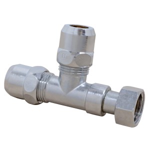 Verchromtes Kirchhoff Quetschverschraubung-T-Stück, 15 mm (3/8 IG) x 10 mm x 10 mm, für Sanitärinstallationen.