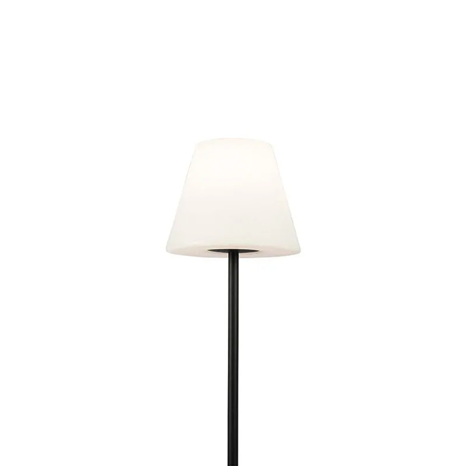 Schwarze QAZQA Außen Stehlampe Virginia mit weißem Schirm, IP65, 25 cm Durchmesser.