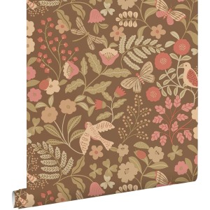 ESTAhome Tapete Blumen und Vögel Graugrün und Rosa 50 x 900 cm