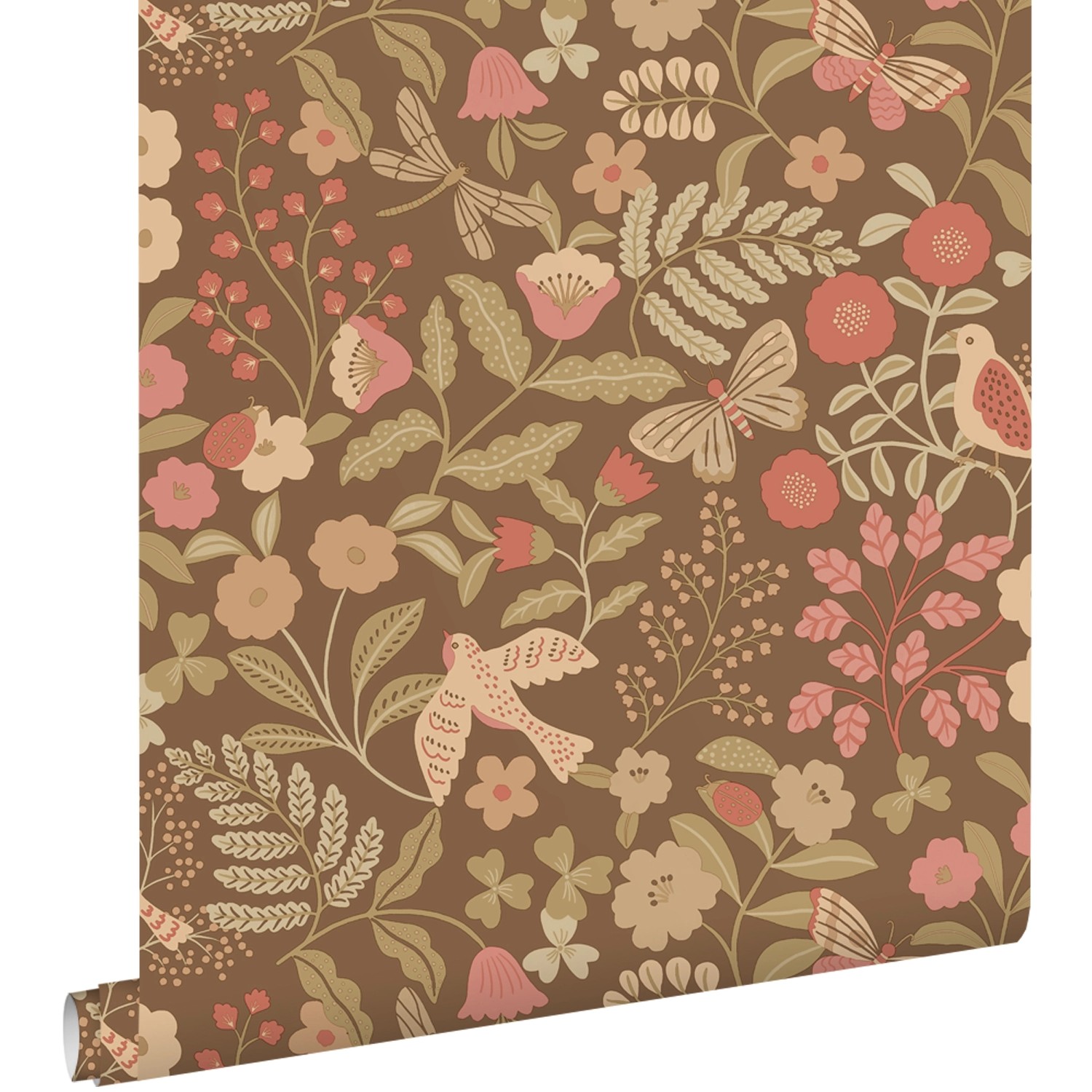 ESTAhome Tapete Blumen und Vögel Graugrün und Rosa 50 x 900 cm günstig online kaufen