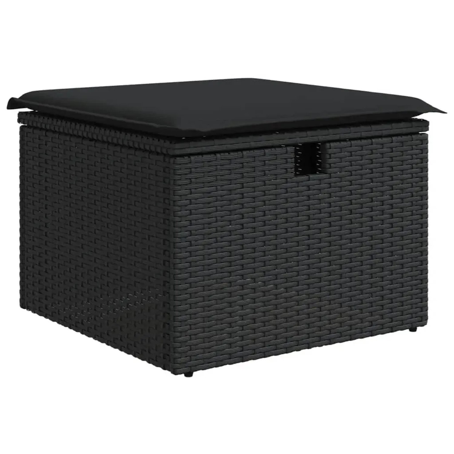 Schwarzer vidaXL Gartenhocker mit Kissen, Teil der 9-tlg. Sofagarnitur aus Poly Rattan.