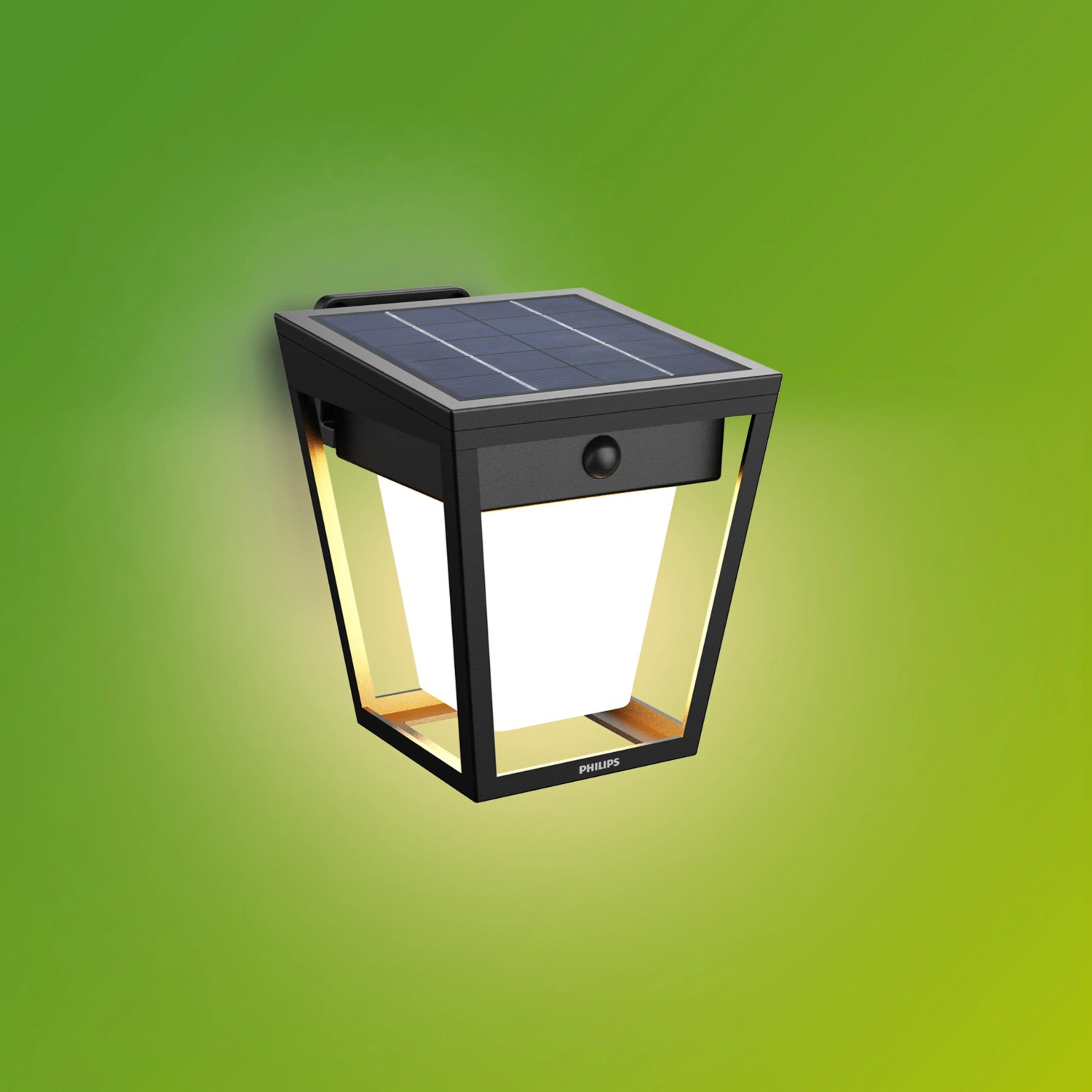 Schwarze Philips Nissa Solar Wandleuchte mit Solarpanel und Bewegungssensor.