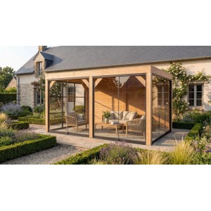 Moderne weka Gartenlaube Lumley aus Fichte mit Glas-Schiebetüren und Flachdach, als Terrassenüberdachung im Garten.