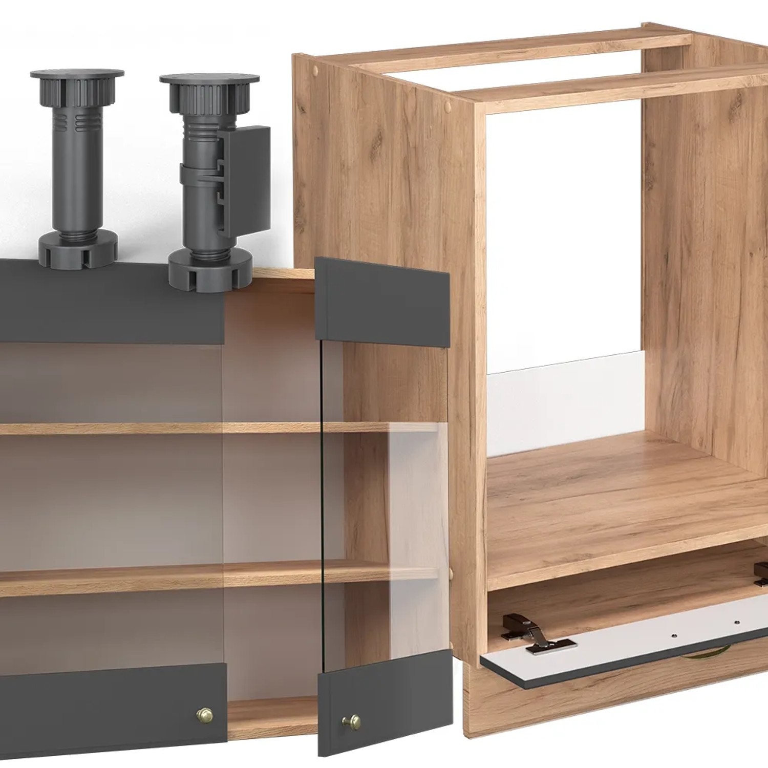 Vicco Eckküche Anthrazit/Eiche: Detailschrank mit Glasfront und Füßen in Nahaufnahme.