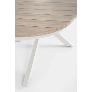 Detailansicht des Bizzotto Tisch Zelmar mit Holzoptik und weißem Gestell.