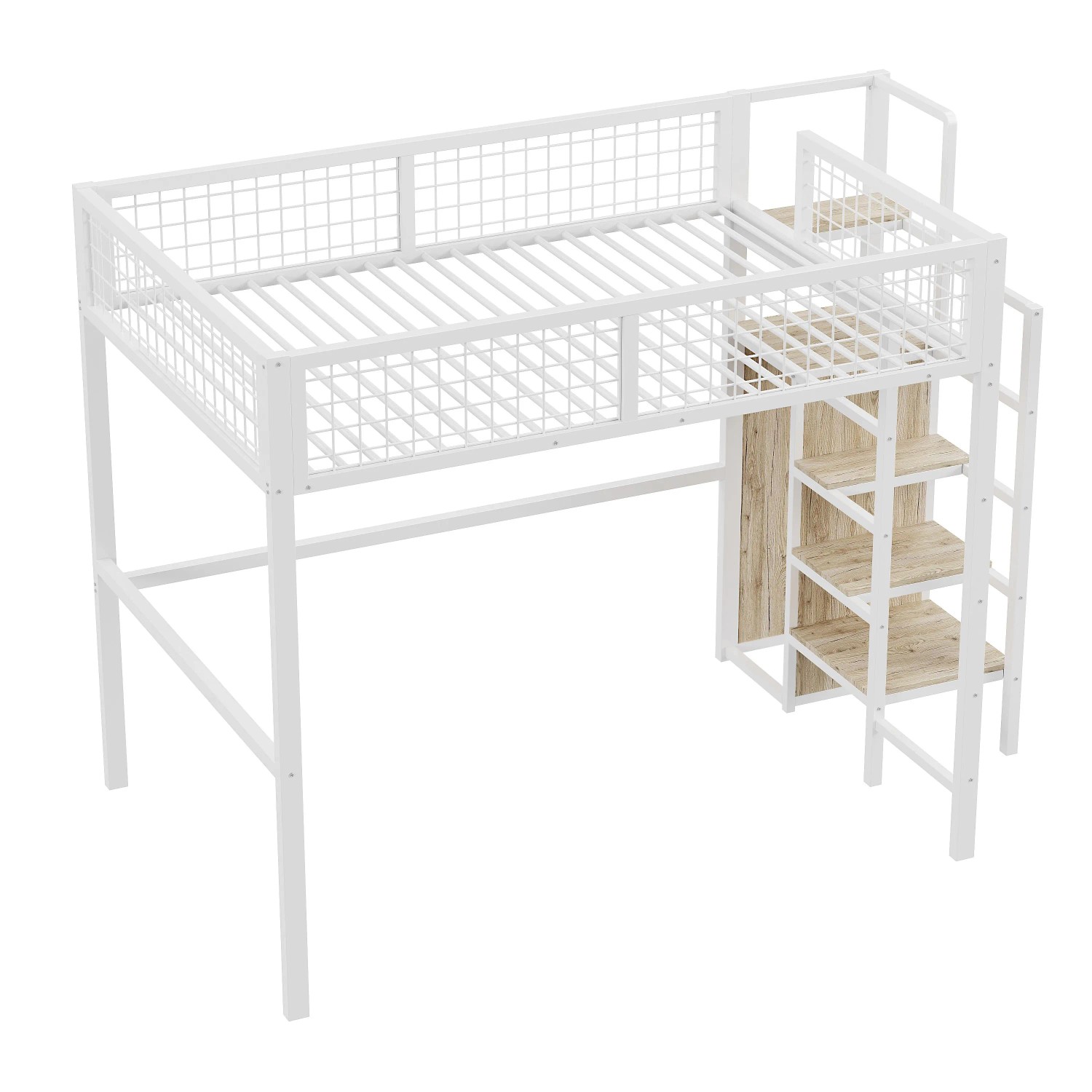 okwish Hochbett 140x200cm mit Leiter Regal und Kleiderschrank Kinderzimmer Weiß ohne Matratze