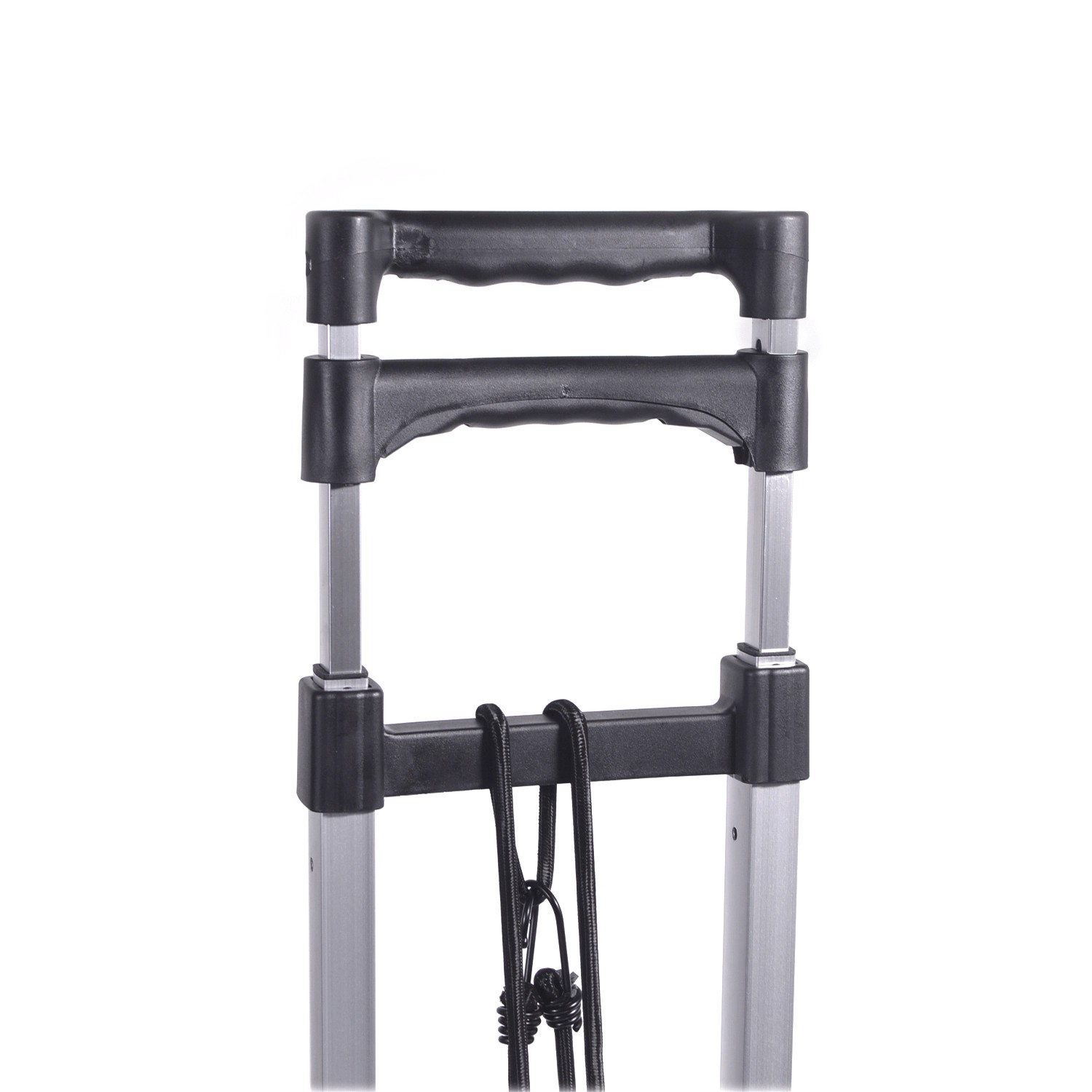 Detailaufnahme: Griffe und Rahmen der klappbaren Tronitechnik Sackkarre mit Gummiseil.