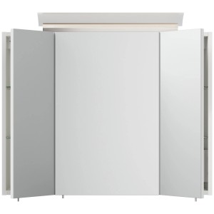 Weißer Hochglanz Spiegelschrank 80 cm mit 3 Spiegeltüren, integrierter LED-Lampe und Glasböden.