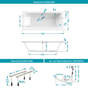 Technische Zeichnung Calmwaters Duo-Badewanne 180x80 cm mit Maßen, Wannenfuß und Ablaufgarnitur.