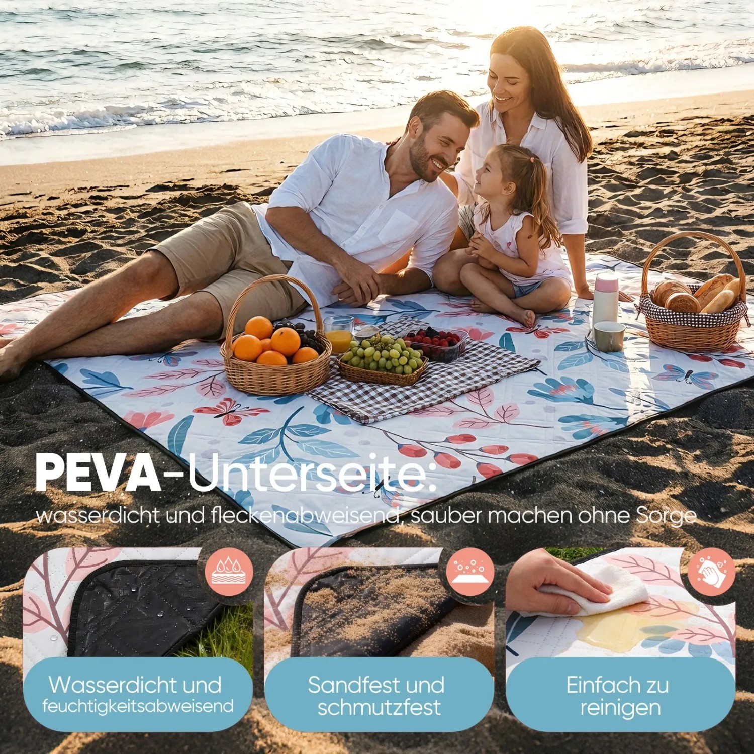 Sekey Picknickdecke mit Familie am Strand. Wasserdicht, blumendesign, 200x200 cm.