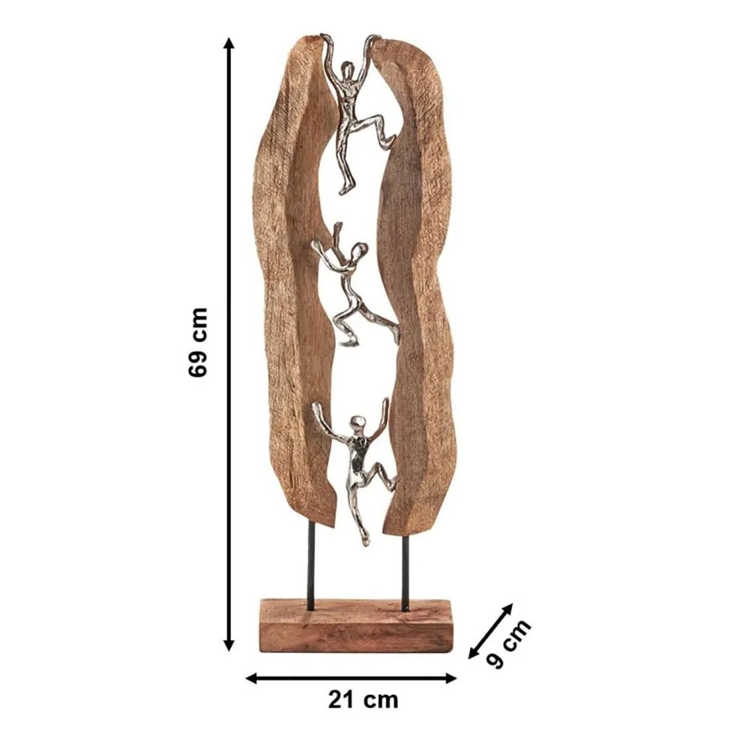 Dekofigur CLIMB: Silberne Metallfiguren klettern an braunem Naturholz, 69 cm hoch. Dekorative Holzfigur für Teamwork.