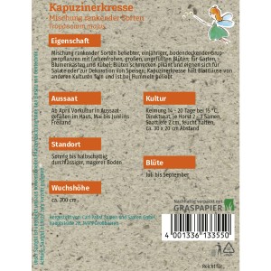 Samenpackung Grüne Fee Kapuzinerkresse, rankende Sorten für farbenfrohe Blüten im Garten.
