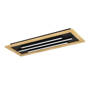 Moderne Eglo LED-Deckenleuchte Tirrenara, 78x30,5 cm, schwarz mit Holzrahmen und drei LED-Leisten.