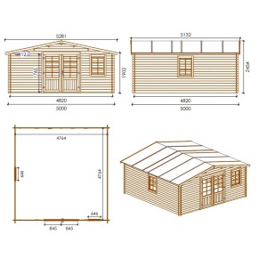 Technische Zeichnung des Altanka Gartenhauses 25 m², 5x5 m, mit Maßangaben.