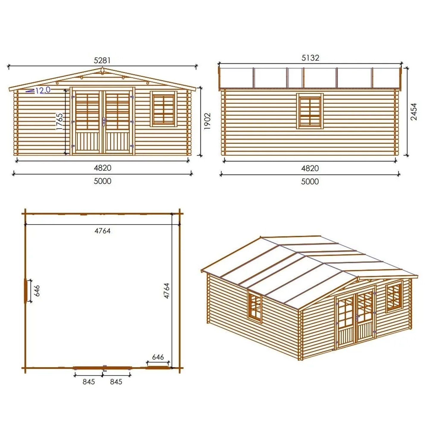 Technische Zeichnung des Altanka Gartenhauses 25 m², 5x5 m, mit Maßangaben.