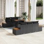 Schwarzes 7-teiliges Garten-Sofa-Set aus Poly Rattan mit Tisch und Stauraum.