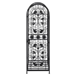 VidaXL Flaschenregal aus Metall für 45 Flaschen, schwarz, mit Tür und dekorativen Elementen.