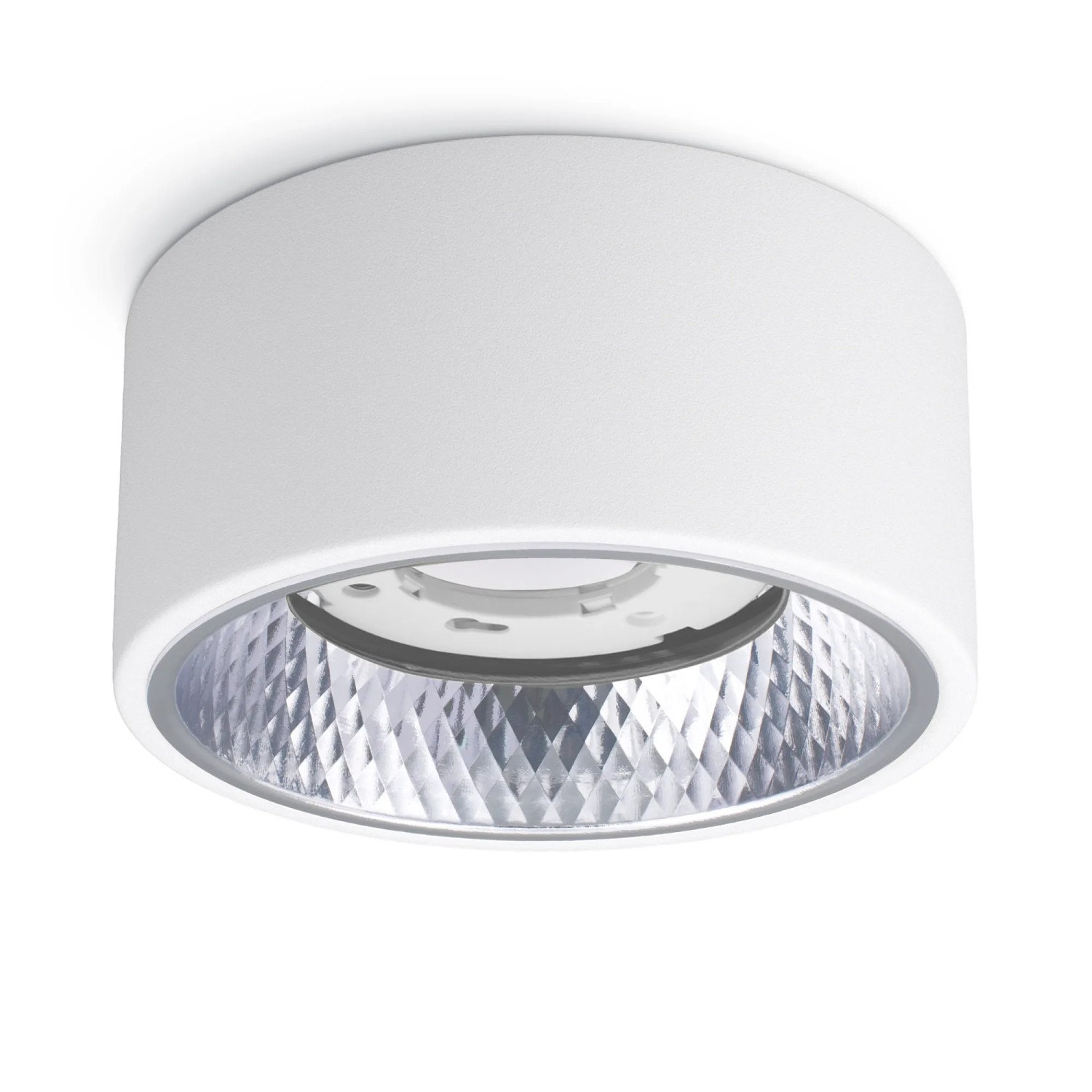 Weißer, runder LED Aufbauspot OLINO (4er Set) mit wechselbaren Blenden (Gold/Silber).
