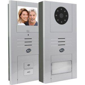 REV Quattroline Video Türsprechanlage in Silber mit Kamera und Monitor.