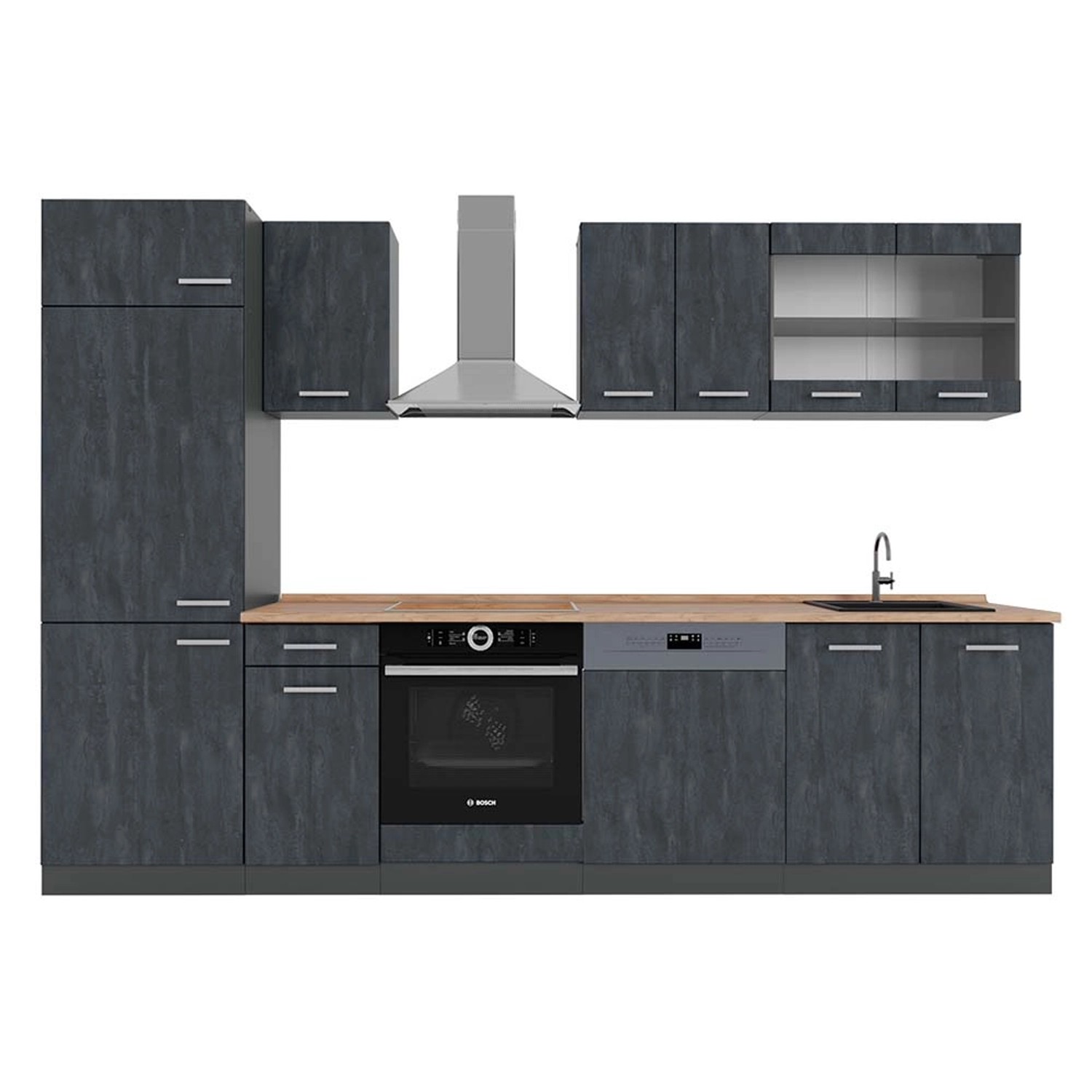 Vicco R-Line Komplettküche Schwarz Beton/Anthrazit 300 cm AP Eiche günstig online kaufen