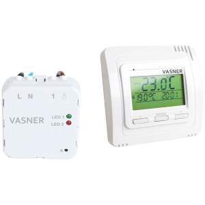 Vasner Funkthermostat-Set mit Sender und Unterputz-Empfänger zur Steuerung von Elektroheizungen.