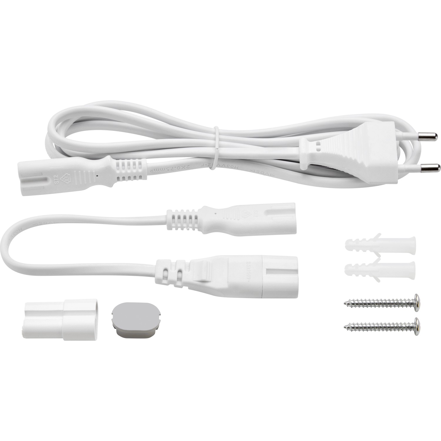 Zubehör für LED Unterbauleuchte: Kabel, Stecker, Schrauben und Dübel.