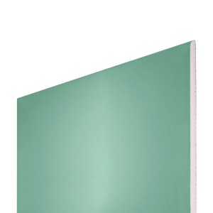Grüne, imprägnierte Gipskartonplatte, 12,5 mm stark, für Feuchträume im Innenausbau.