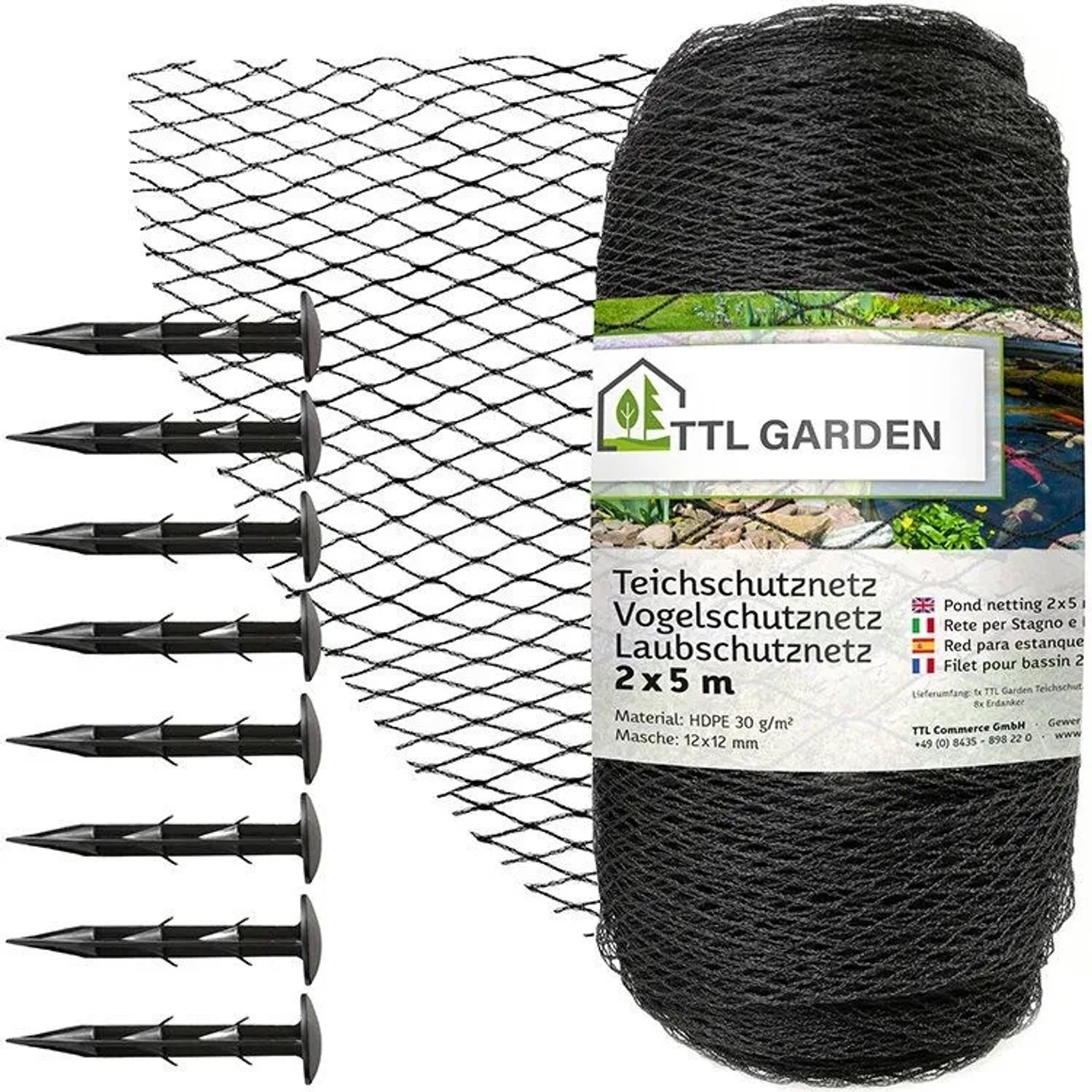 TTL GARDEN Teichschutznetz 2x5m 12x12mm 30g/m² Anthrazit Vogelschutznetz Teichnetz Laubnetz Gartennetz aus HDPE