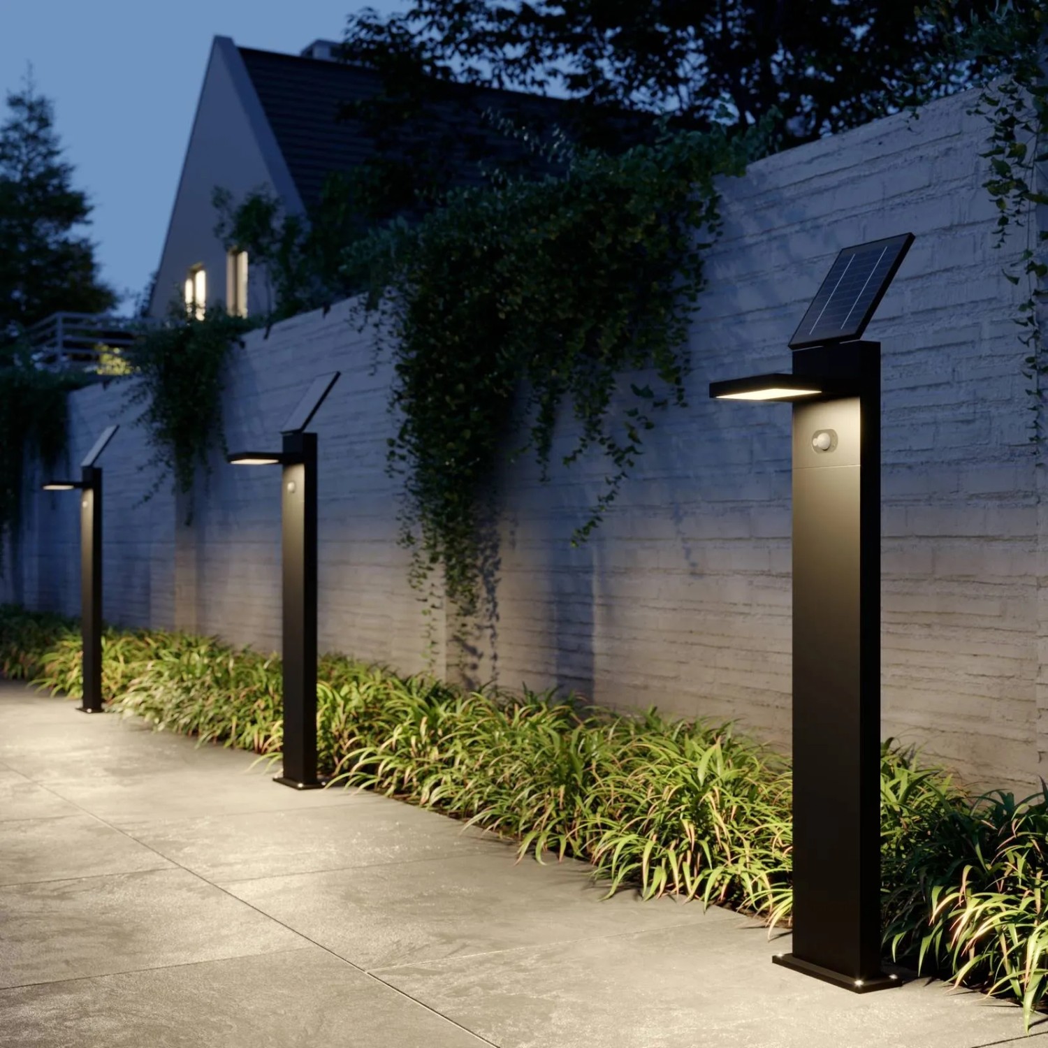 Moderne Lucande LED Solar-Wegeleuchten Silvan in Schwarz mit Bewegungsmelder.