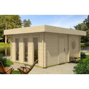 Finntherm Gartensauna Cubus-70 D, naturbelassen, mit Flachdach, Fenstern und runden Fenster