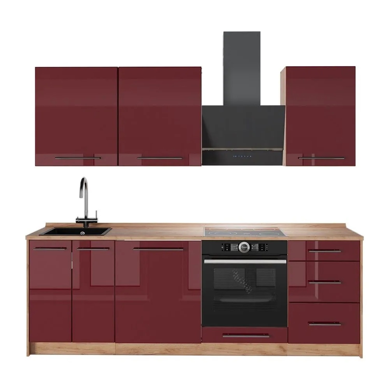 Vicco Küchenzeile Fame-Line Bordeaux Hochglanz/Goldkraft Eiche 230 x 82 AP Eiche Art Nr 63994