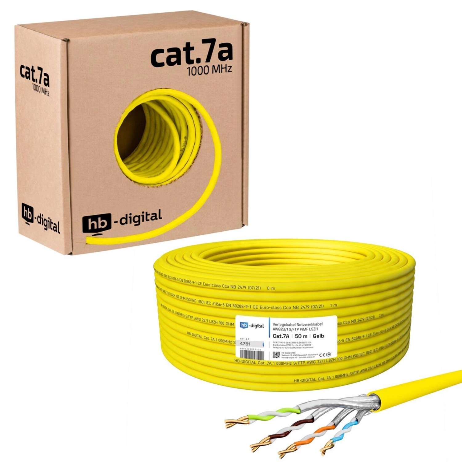 hb-digital Netzwerkkabel CAT 7a Verlegekabel max. 1200 MHz S/FTP AWG23 LSZH 50m gelb