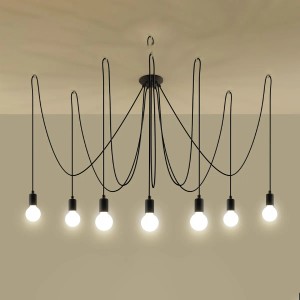 Schwarzer Sollux Lighting Kronleuchter Edison 7 mit sieben Leuchten und geflochtenen Kabeln.