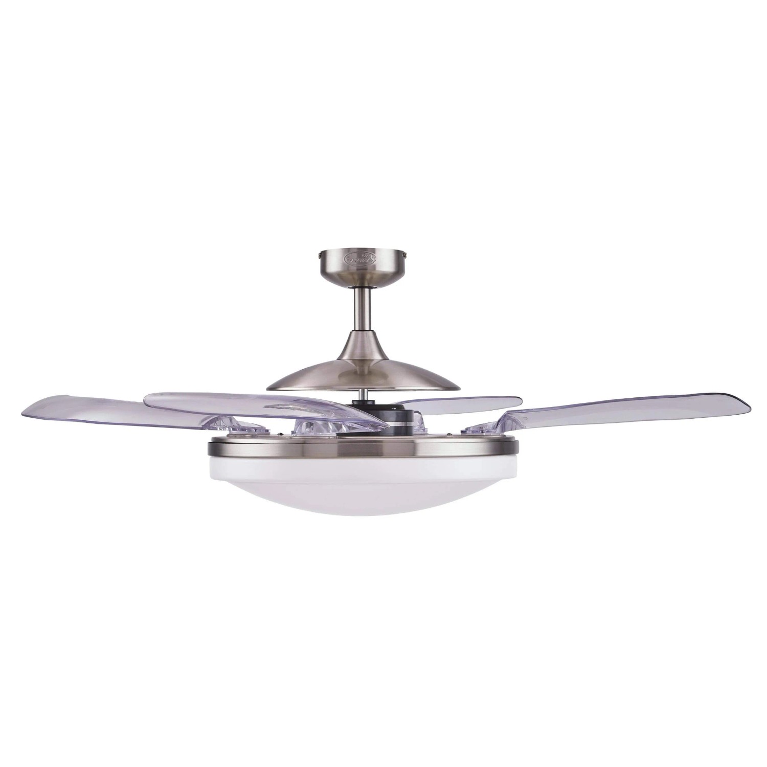 BEACON Deckenventilator Fanaway EVO 2 mit Chrom-Gehäuse, transparenten Flügeln und Milchglasleuchte.