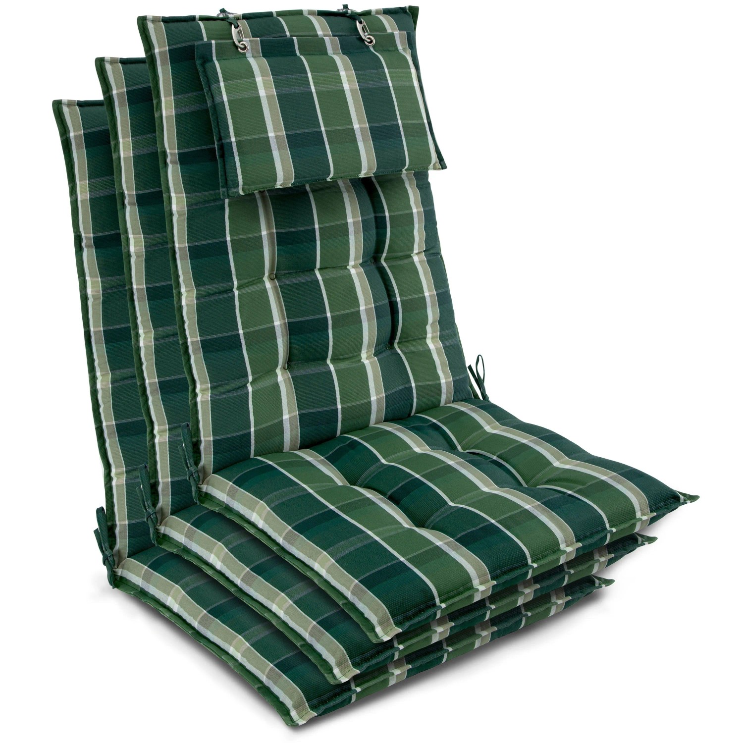 Beautissu 3er Set Sun-HL Hochlehner Auflage 120x50x8cm Grün-Kariert