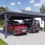 Holzbrüder Doppelcarport Ralf, anthrazitgrau, mit zwei geparkten Autos. Blechdach dunkelgrau.