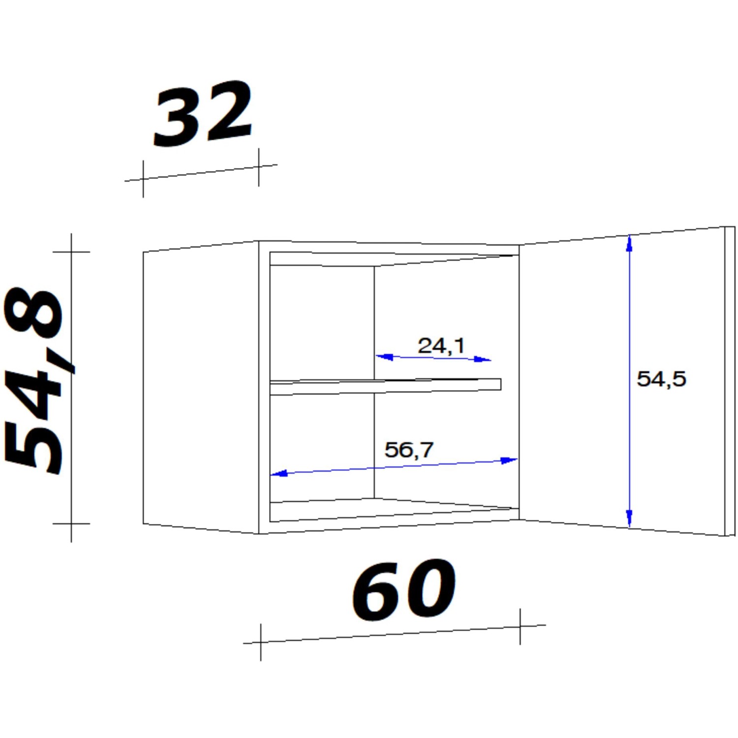 Technische Zeichnung: Flex-Well Oberschrank Lucca, 60 cm breit, mit Maßen. Küchen Hängeschrank.
