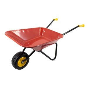 Rote Kinderschubkarre aus pulverbeschichtetem Metall mit gelben, rutschfesten Griffen und schwarzem Rad. Kinder-Gartengerät.