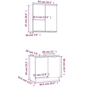 vidaXL Badmöbel-Set, 2-teilig, Räuchereiche: Unterschrank und Spiegelschrank mit Maßangaben.