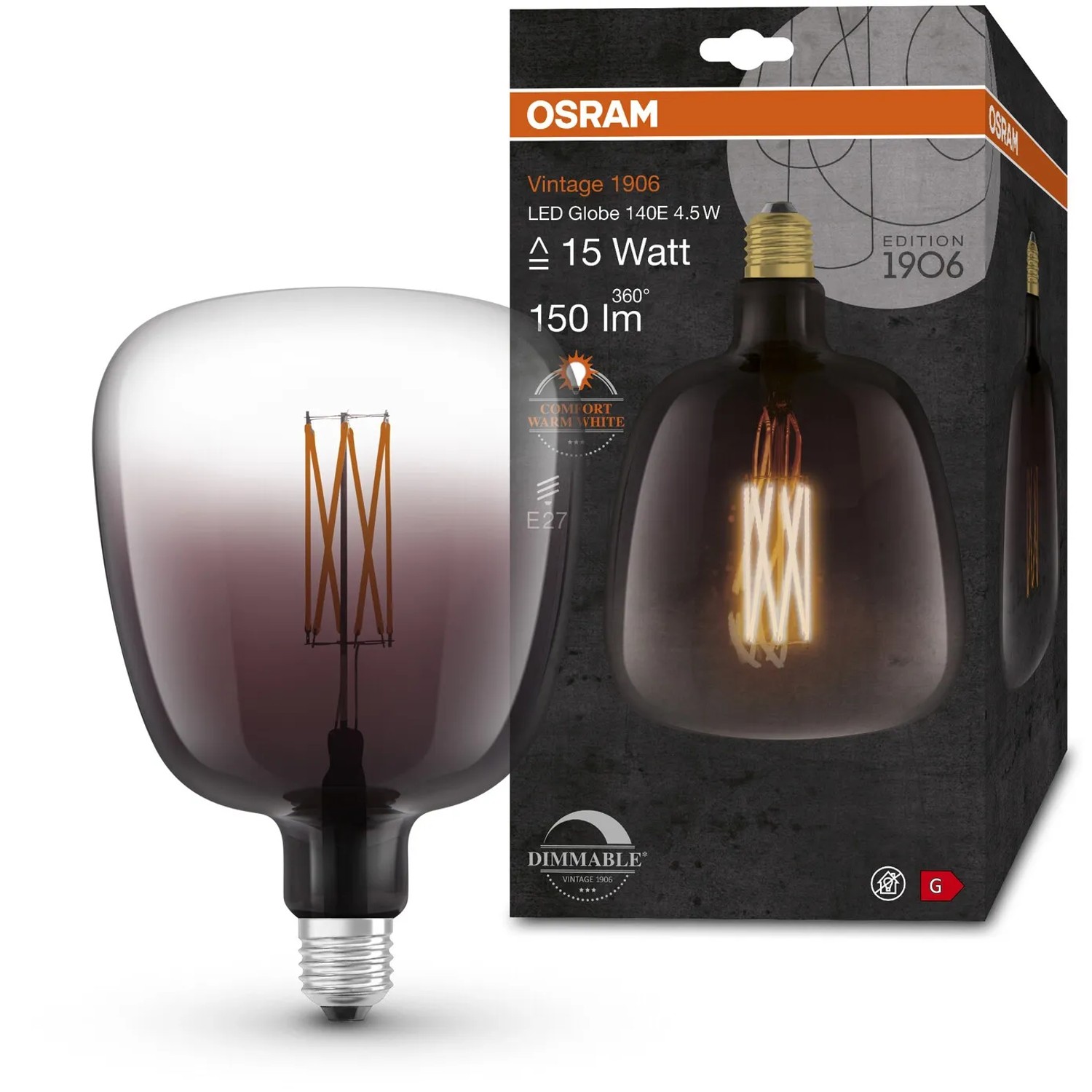 Osram LED-Leuchtmittel E27 Globe, 4,5W, extra warmes Licht, 14 cm Durchmesser.