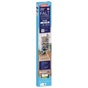 Verpackung des tesa® Insect Stop Falt Alu-Rahmen Tür, weiß. Insektenschutz für Terrassentüren.