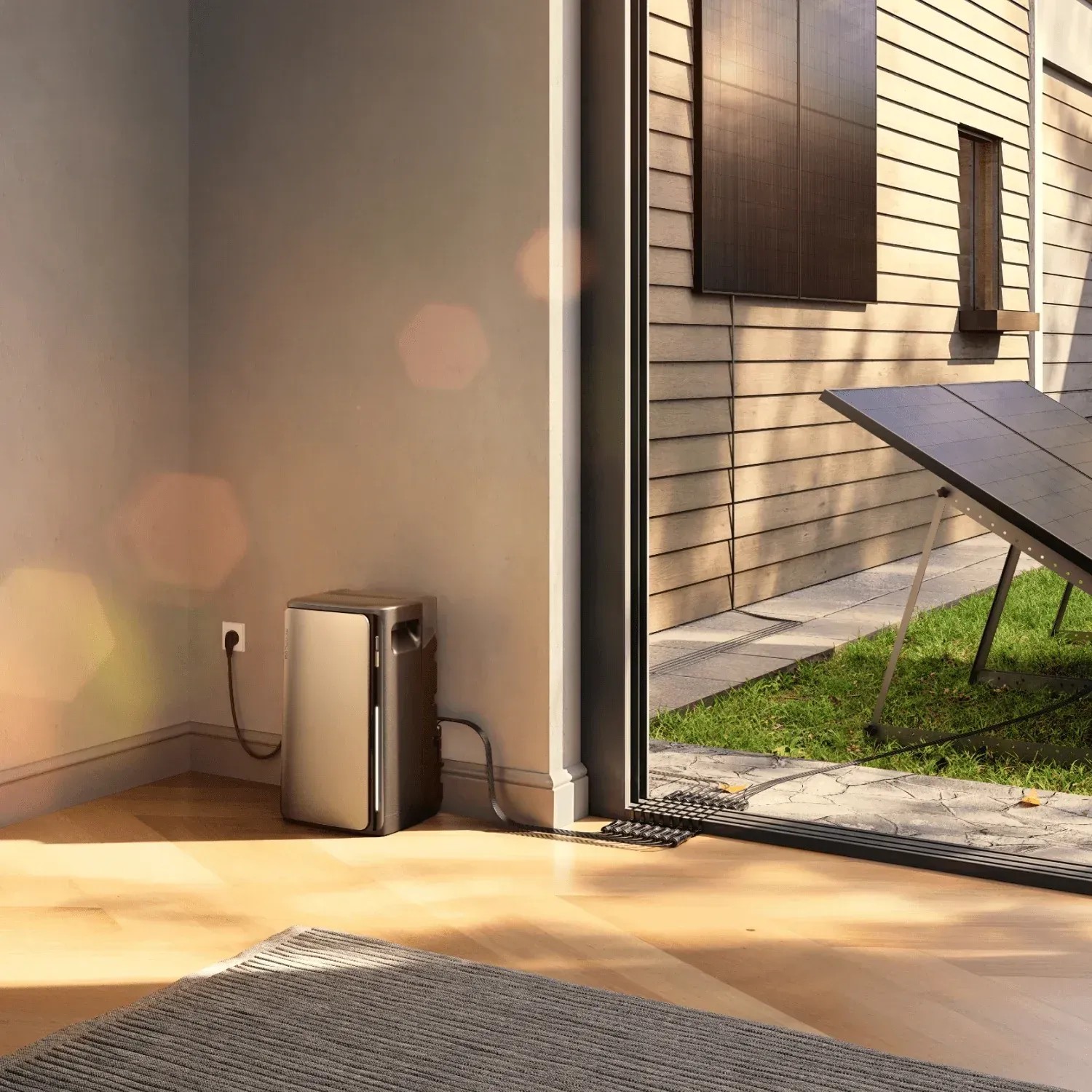 EcoFlow Stream Ultra Balkonkraftwerk Set mit Speicher und Solarmodulen im Innenraum.