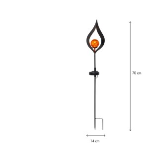 Schwarzer LED-Solarstab Flamme mit bernsteinfarbener Glaskugel, 70 cm hoch, für Garten-Deko.