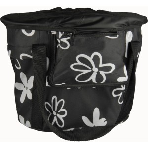 Fischer Lenker-Einkaufskorb Textil, schwarz mit Blumenmuster, mit Tragegurt und Reißverschlusstasche.