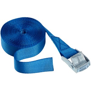 Blauer Zurrgurt (25mm x 5m) mit Klemmschloss aus Stahl, aufgerollt.