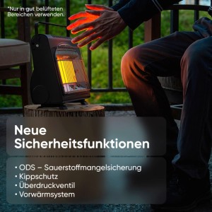 Schwarze, tragbare Evocamp Camping Gasheizung mit leuchtendem Heizelement, Person wärmt Hände. Mit Piezozündung und Sicherheitsfunktionen.