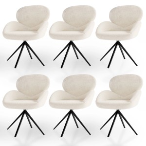 6er Set Juskys Drehstuhl Albano Bouclé Creme mit schwarzem Metallfuß.
