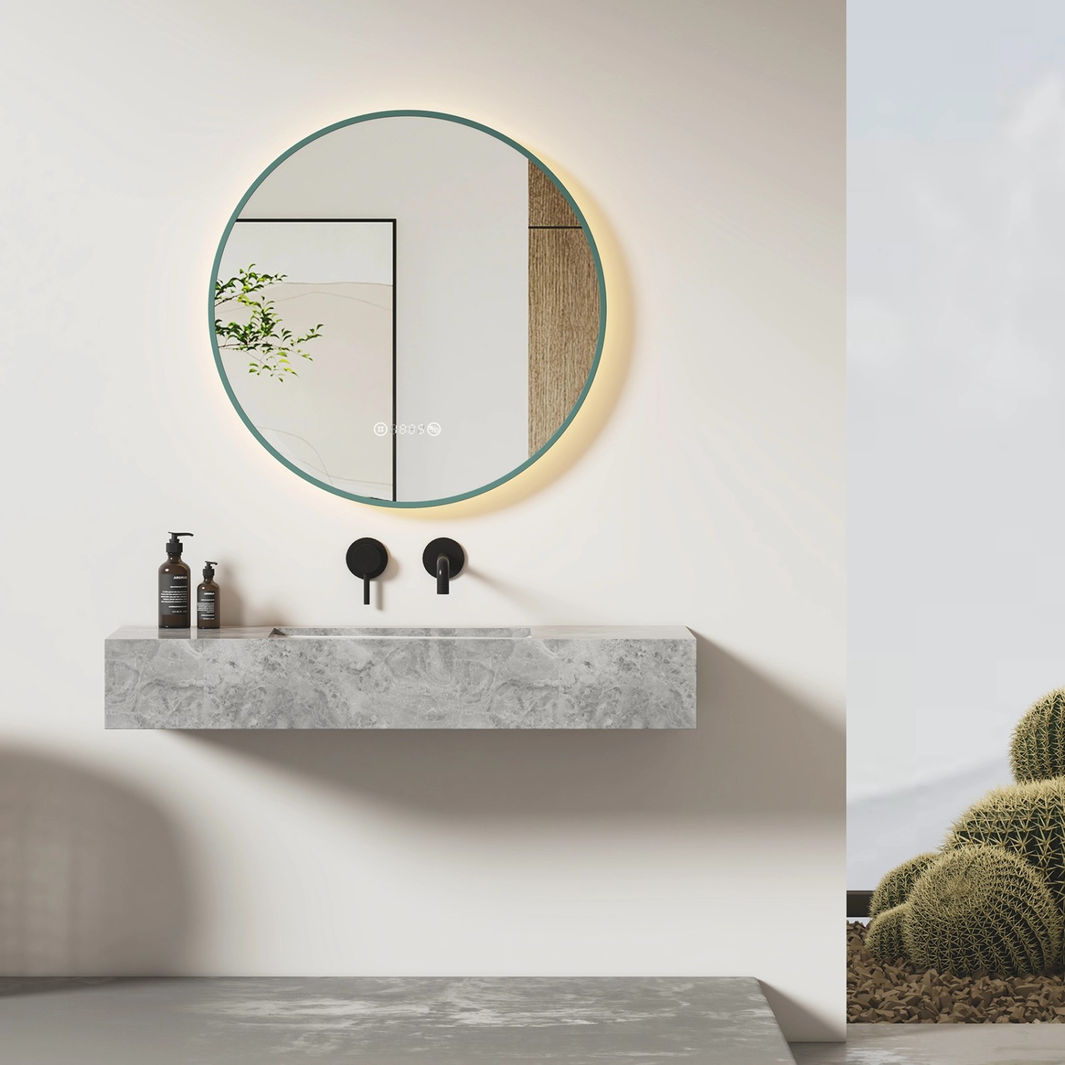 Emke Rund LED Badspiegel 70 cm Spiegel mit Beleuchtung Dunkelgrün Antibesch günstig online kaufen