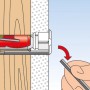 Illustration: Fischer Duotec Kippdübel Montage in Gipskartonwand. Dübel aus Kunststoff und Metall, rot/weiß.